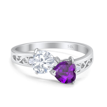 14K White Gold Double Heart Ring Bridal Wedding Engagement Ring Simulated CZ Size-7